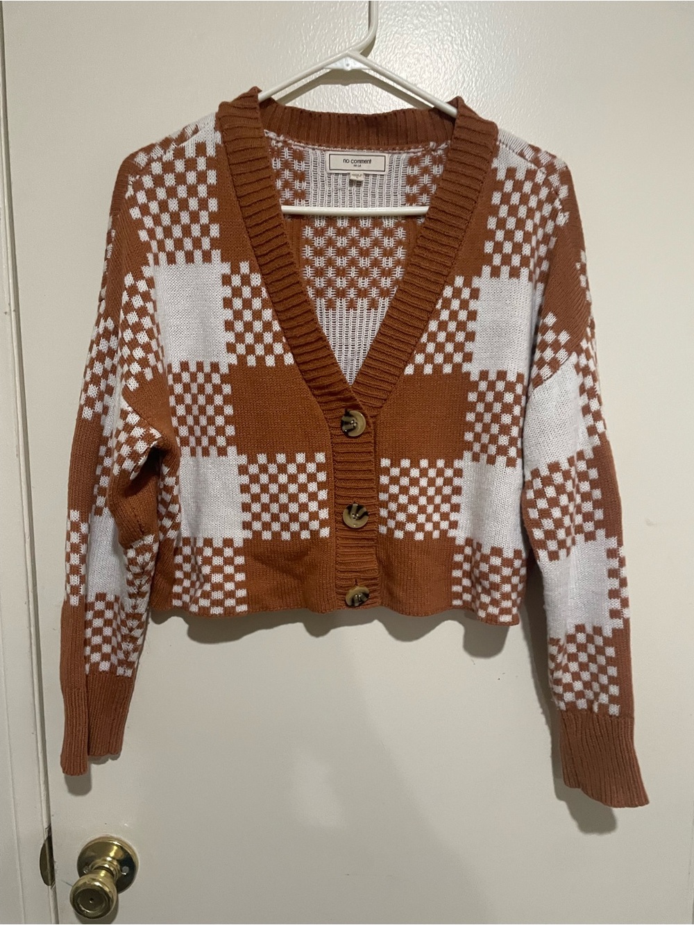 Checkered V-Neck Button Cardigan in Rust and White